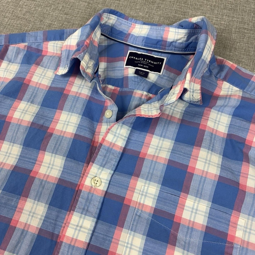 Charles Tyrwhitt Shirt Mens Large Blue Plaid Short Sleeve Button Up Slim Fit